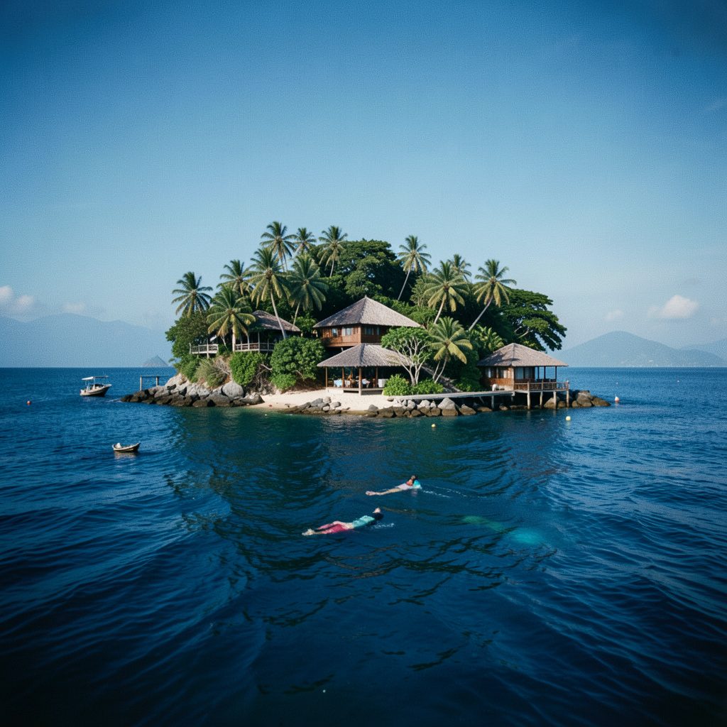 Wide cinematic view of a tropical island bay at golden hour, turquoise water lapping a curved sandy shore, warm amber light and soft green hills in the distance, shallow depth of field.